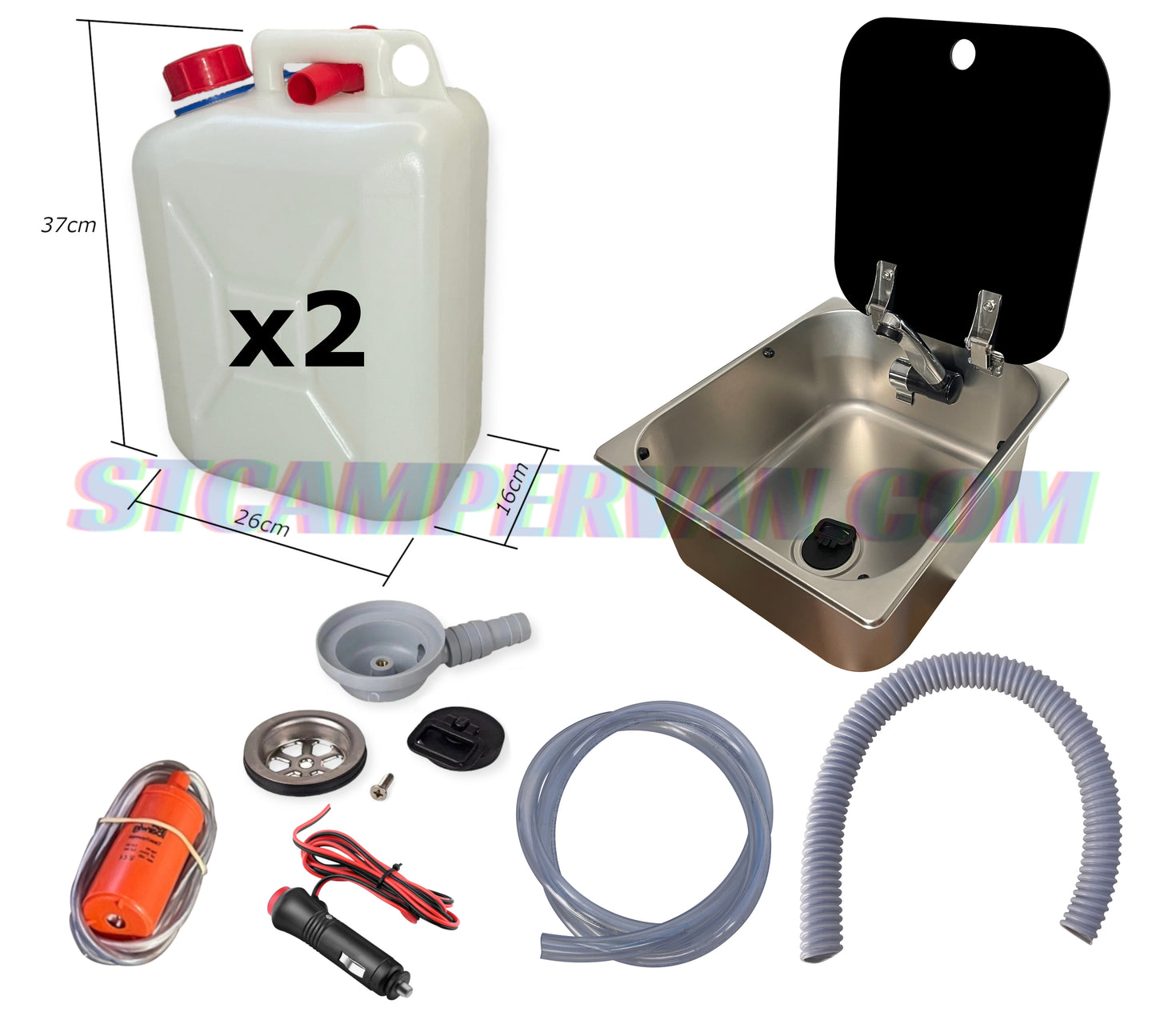 Kit fregadero camper 32x35 con tapa y grifo 12V completo.