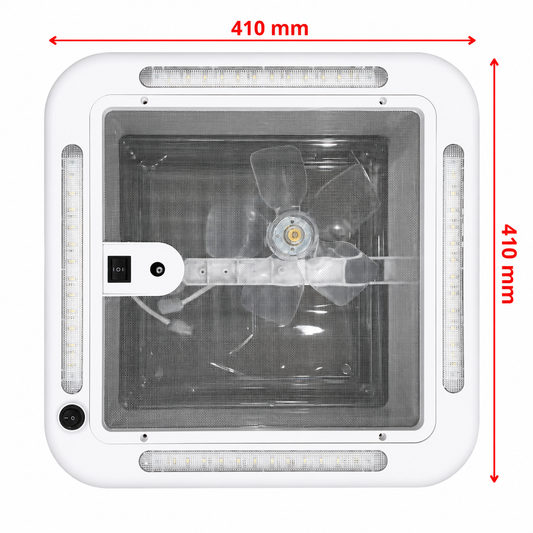 Claraboya Camper 40x40 con Ventilador, Extractor de Aire y Luz LED 12V | Mosquitera Integrada | Tapa Transparente | Para Autocaravana, Furgoneta Camper y Caravana