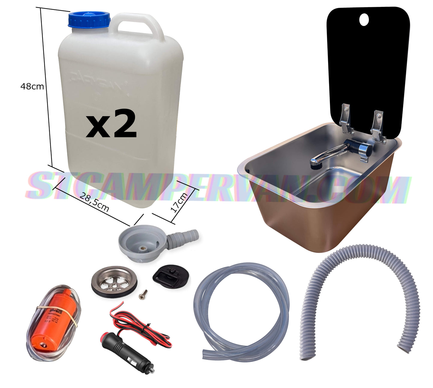 Kit fregadero 27×36 con tapa, grifo 12 V y bomba.