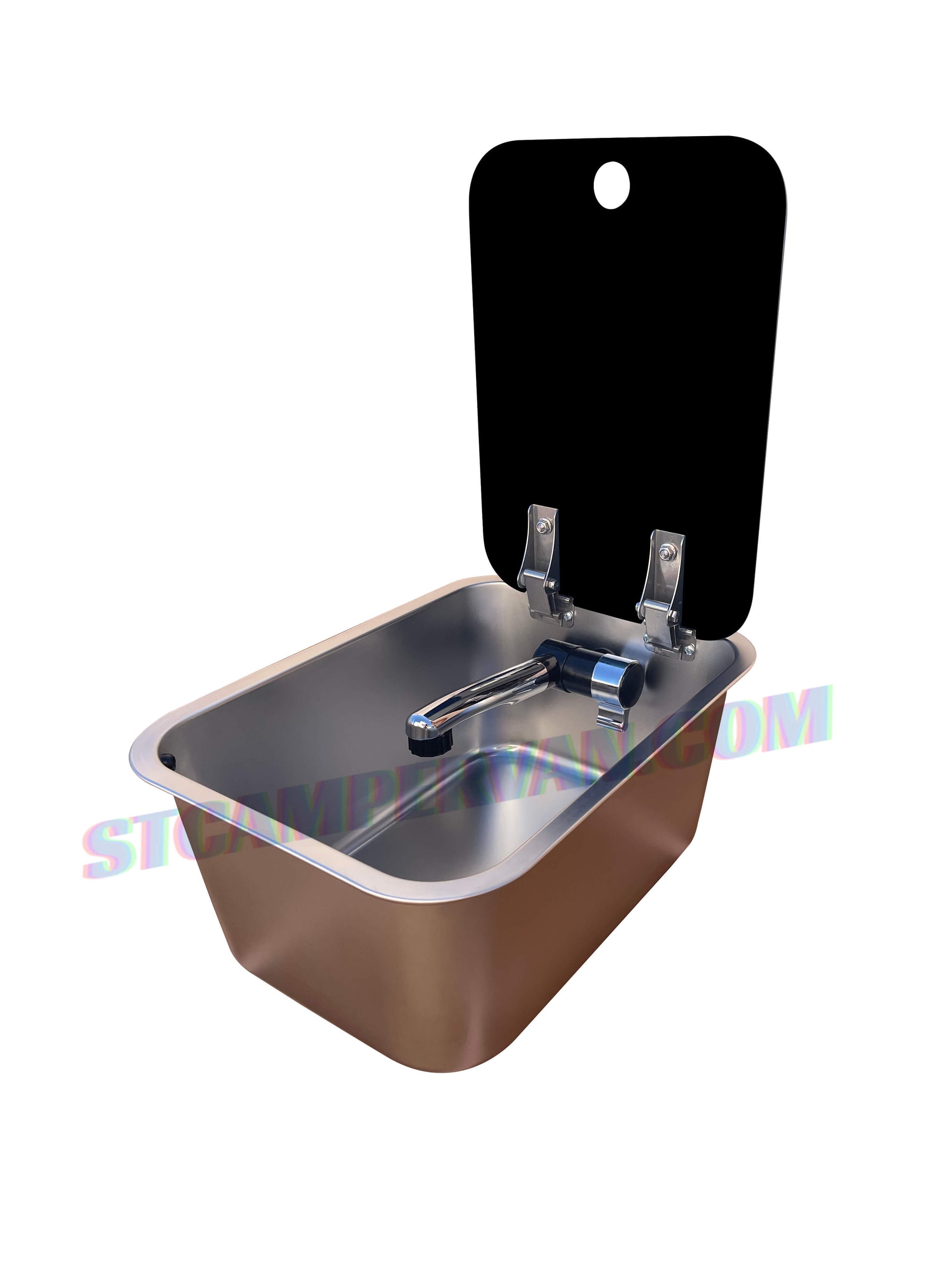 Fregadero 27×36 en acero inox con tapa de plástico reforzado.