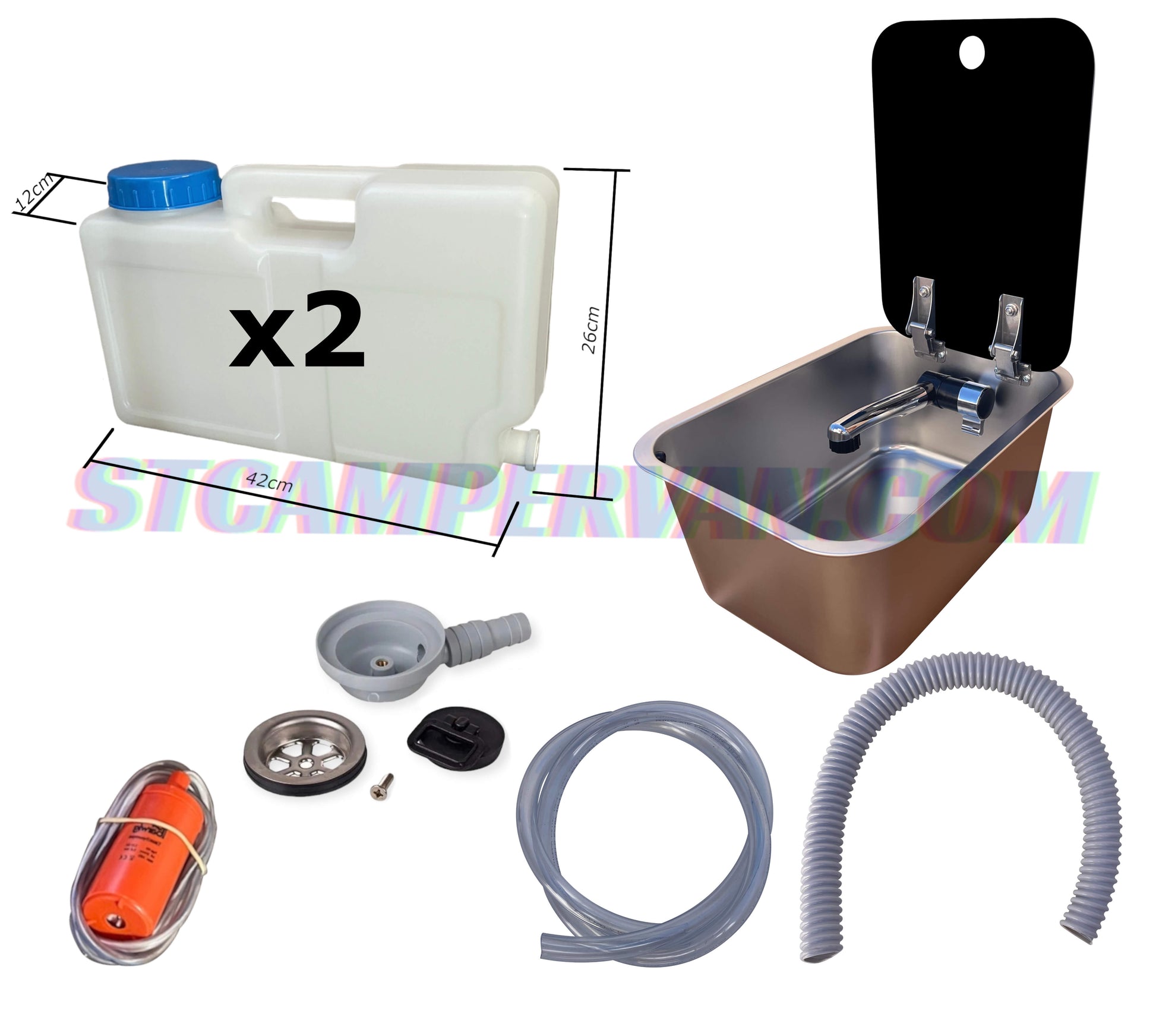 Kit fregadero 27×36 con tapa, grifo 12 V y bomba.