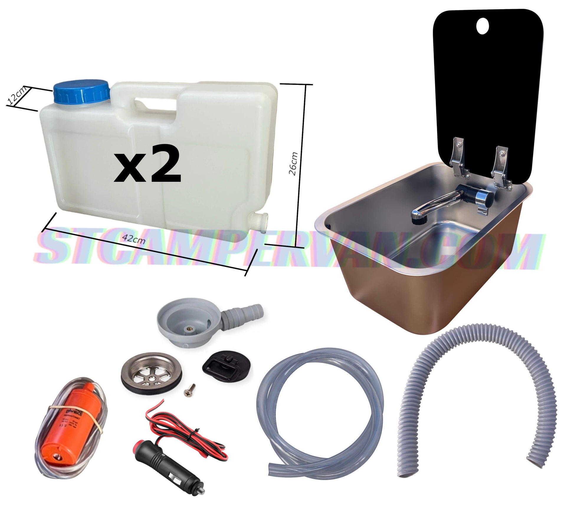 Kit fregadero 27×36 con tapa, grifo 12 V y bomba sumergible.