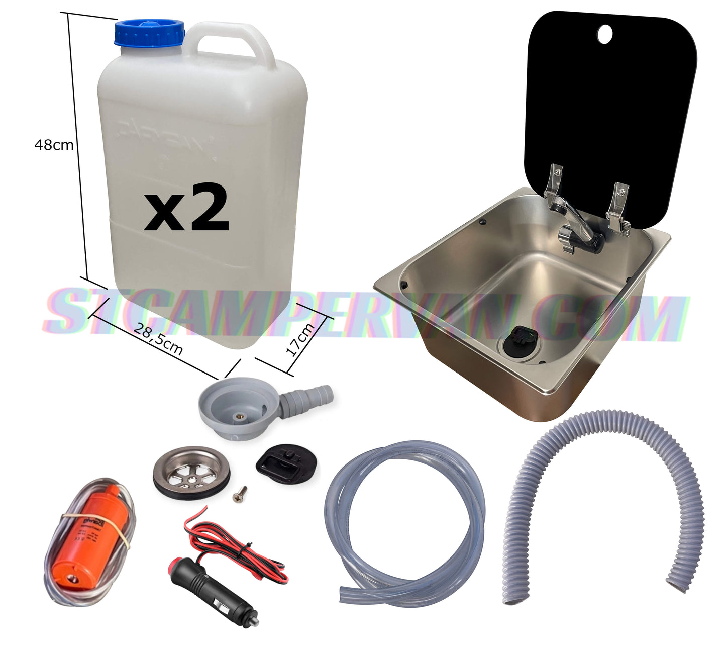 kit fregadero 32x35 con tapa y garrafas opcionales para camper, sistema de agua 12V listo