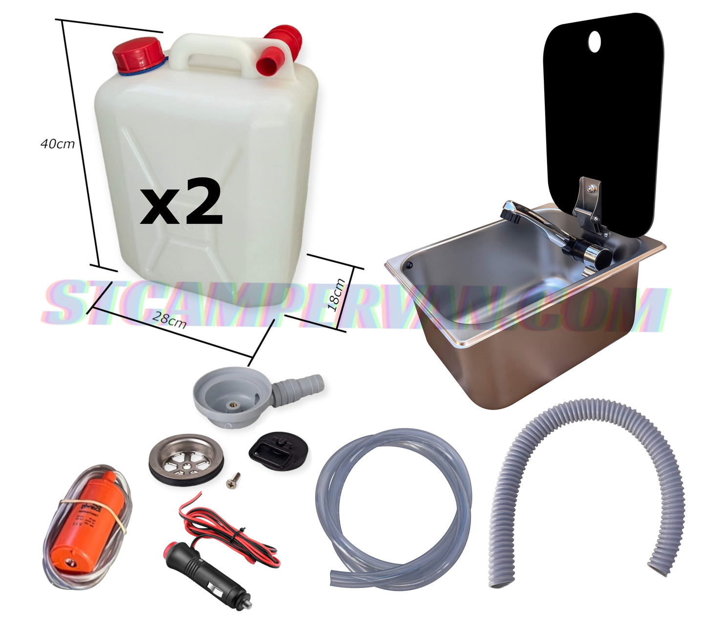 Detalle del grifo y bomba 12V del kit fregadero con tapa para camper.