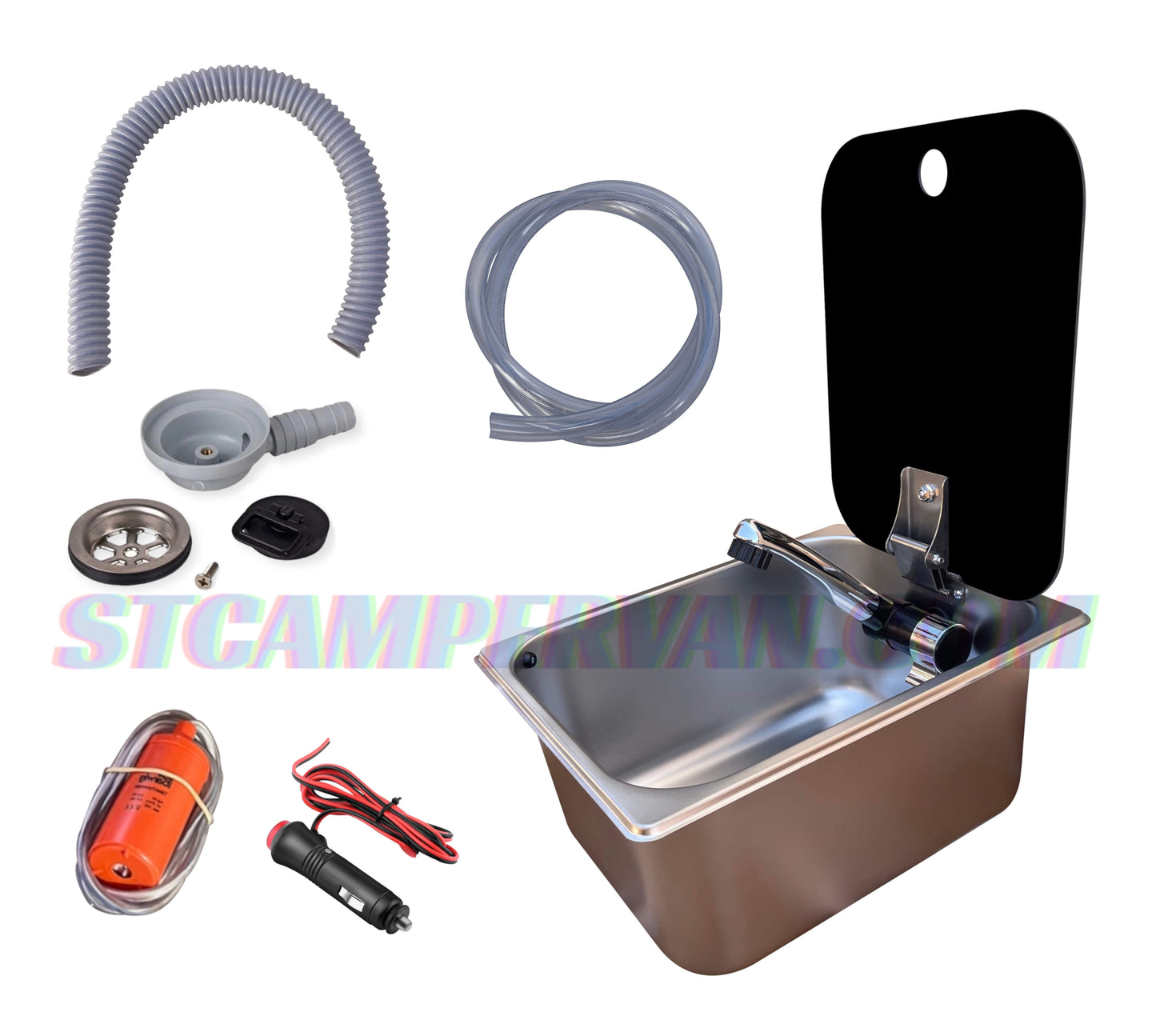 Kit fregadero con tapa 12V completo montado en camper STCAMPERVAN listo para usar.