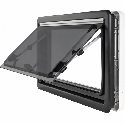 Ventana abatible CZ 900×450 43R con mosquitera y oscurecedor