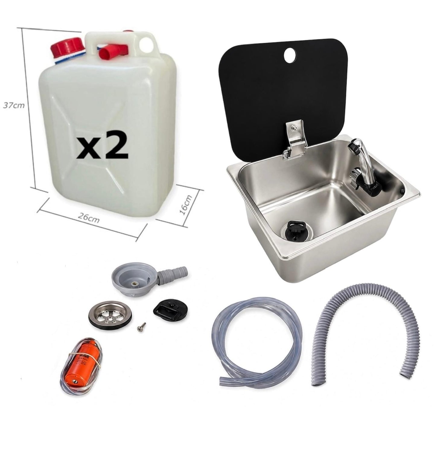 Kit fregadero camper 26x32 con tapa, grifo 12V, bomba y garrafas
