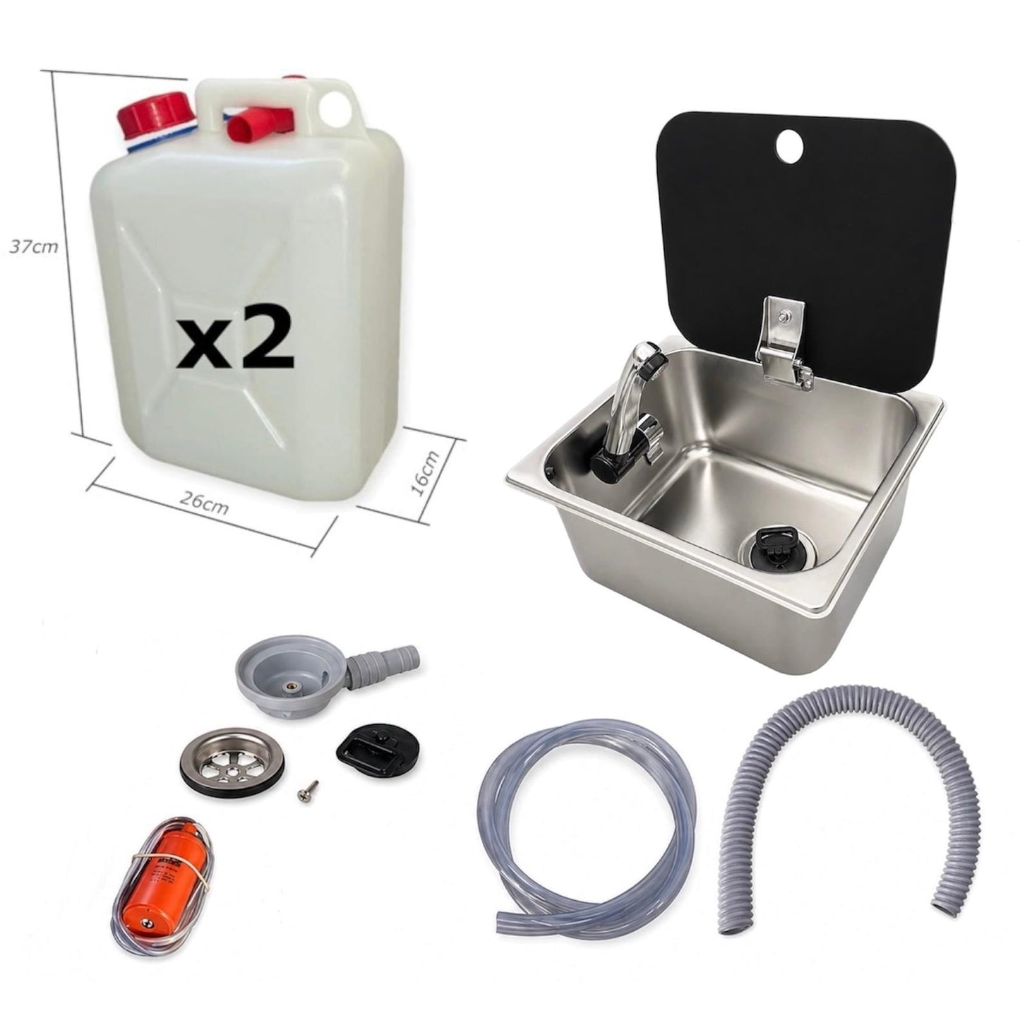 Kit fregadero camper 26x32 con tapa, grifo 12V, bomba y garrafas