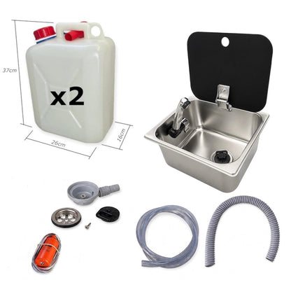 Kit fregadero camper 26x32 con tapa, grifo 12V, bomba y garrafas