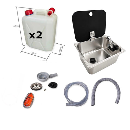 Kit fregadero camper 26x32 con tapa, grifo 12V, bomba y garrafas