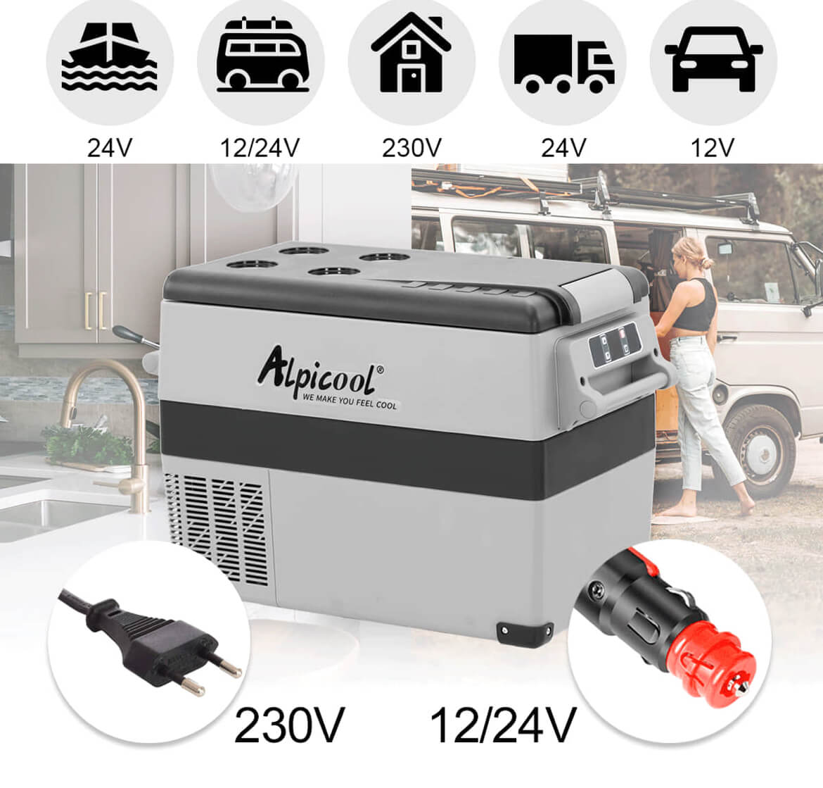 Vista frontal en tres cuartos de la Alpicool CF45.