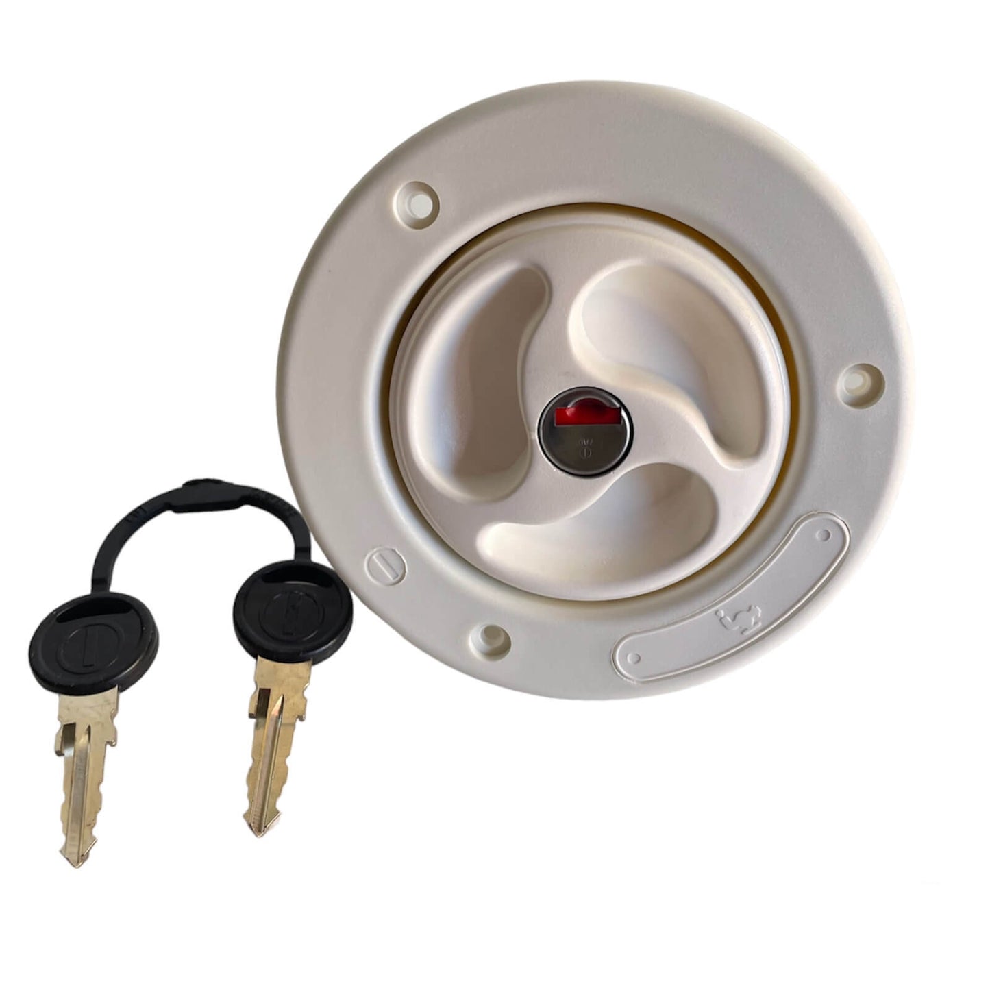 Detalle de cerradura de boca Zadi blanca para agua en autocaravana