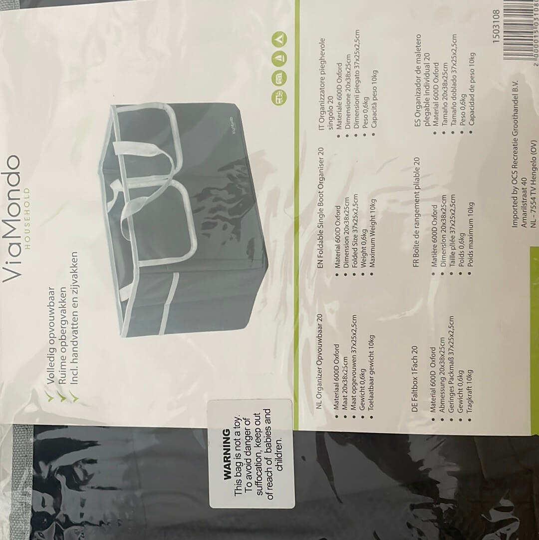 Caja Viamondo apilada y plegada mostrando ahorro de espacio.