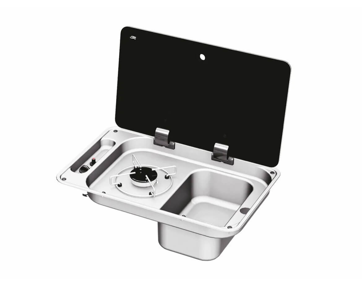 Vista abierta con fregadero a la derecha y quemador a la izquierda.