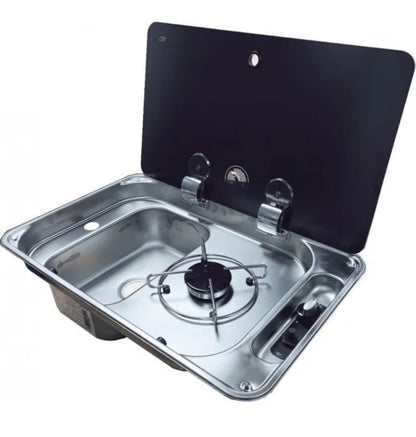 Vista abierta mostrando el fregadero izquierdo y el quemador derecho.