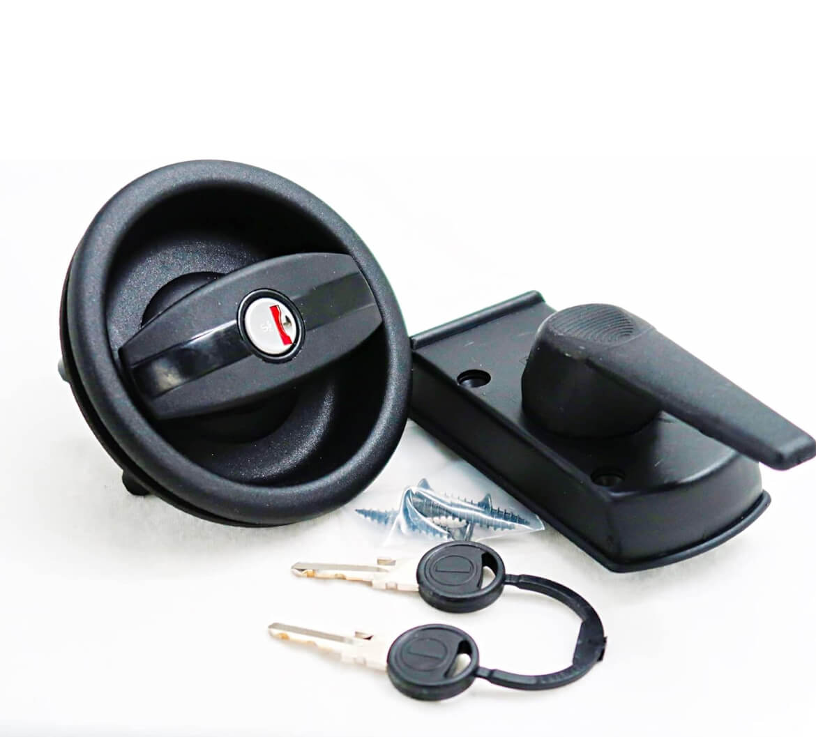 Vista frontal y detalle del tirador redondo de la cerradura Zadi izquierda.