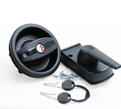 Vista frontal y detalle del tirador redondo de la cerradura Zadi izquierda.