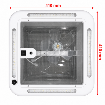 Claraboya Camper 40x40 con Ventilador, Extractor de Aire y Luz LED 12V | Mosquitera Integrada | Tapa Transparente | Para Autocaravana, Furgoneta Camper y Caravana