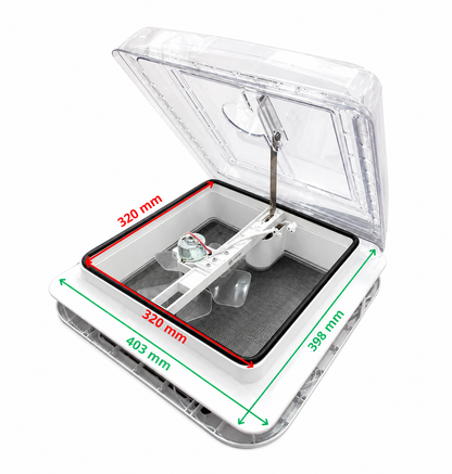 Claraboya Camper 40x40 con Ventilador, Extractor de Aire y Luz LED 12V | Mosquitera Integrada | Tapa Transparente | Para Autocaravana, Furgoneta Camper y Caravana