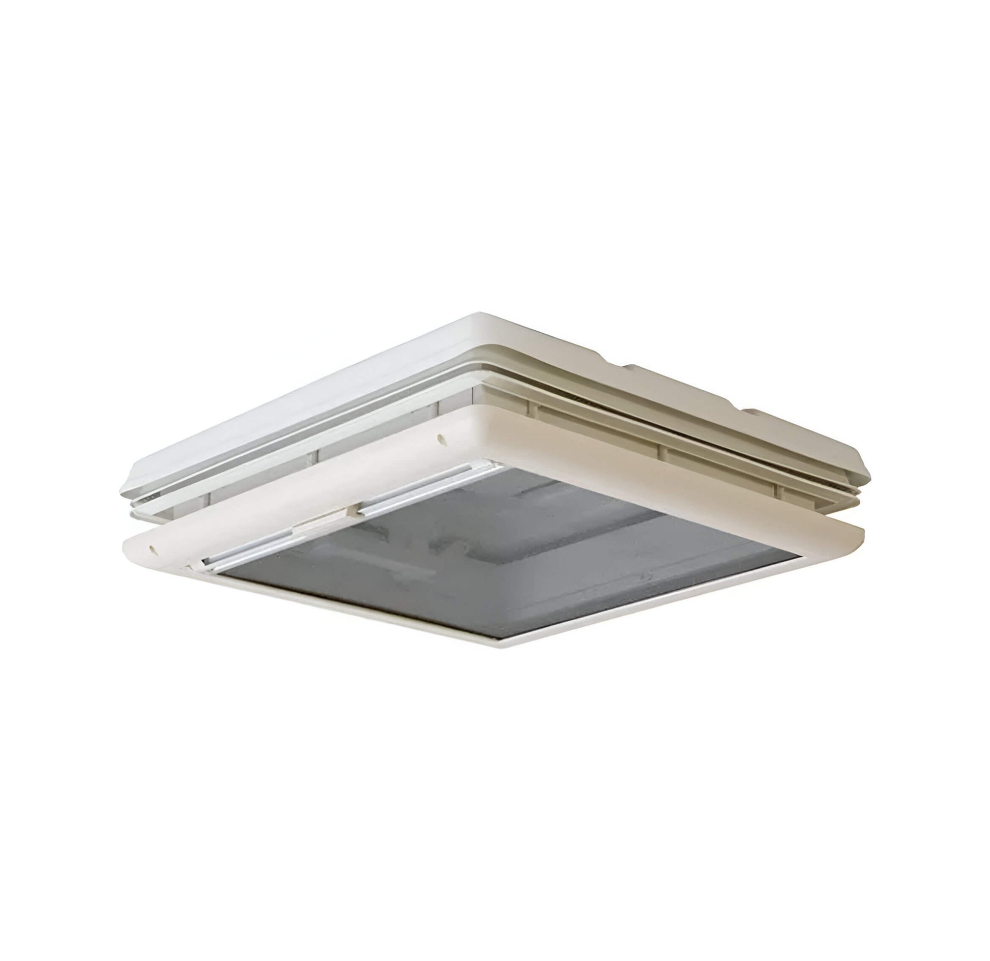 Claraboya Fiamma Vent 50x50 abierta con marco blanco para ventilación en camper
