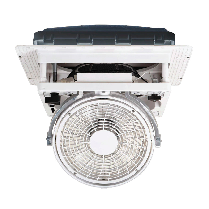 Claraboya Maxxair MaxxFan Pivot con tapa Smoke y ventilador desplegado