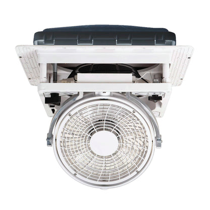 Claraboya Maxxair MaxxFan Pivot con tapa Smoke y ventilador desplegado