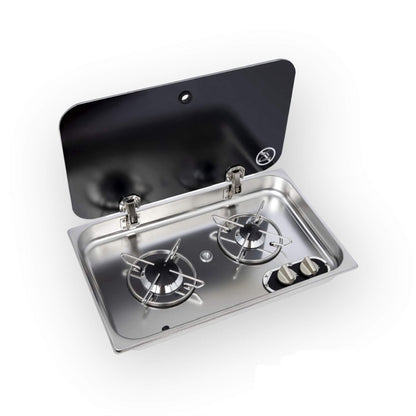 Cocina Carbest 2 fuegos con tapa de cristal templado para camper.