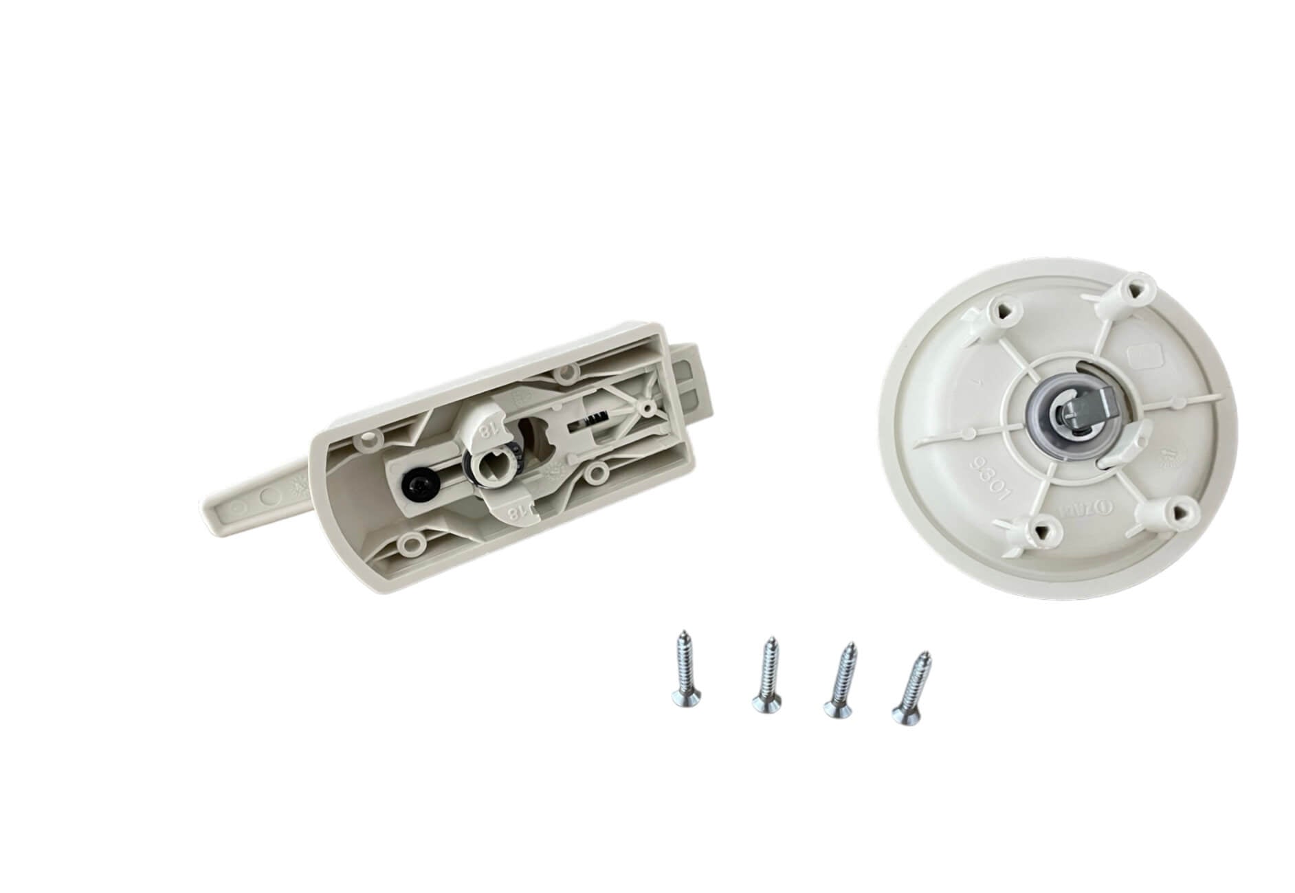 Detalle del tirador ergonómico blanco de cerradura Zadi