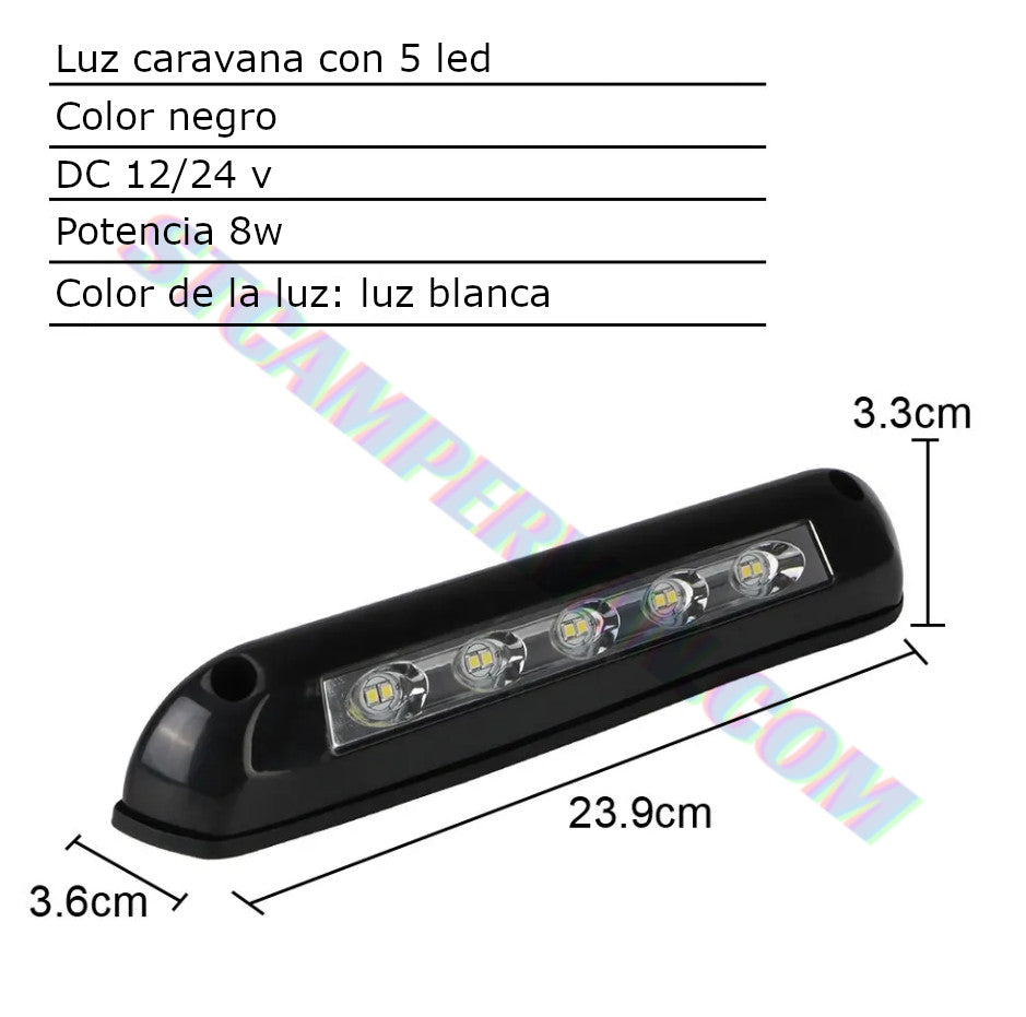 Foco exterior 5 LED 12/24V 8W negro impermeable | STCampervan