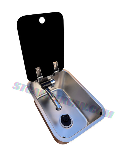 Fregadero 27×36 con tapa abierta y cubeta de acero inoxidable.