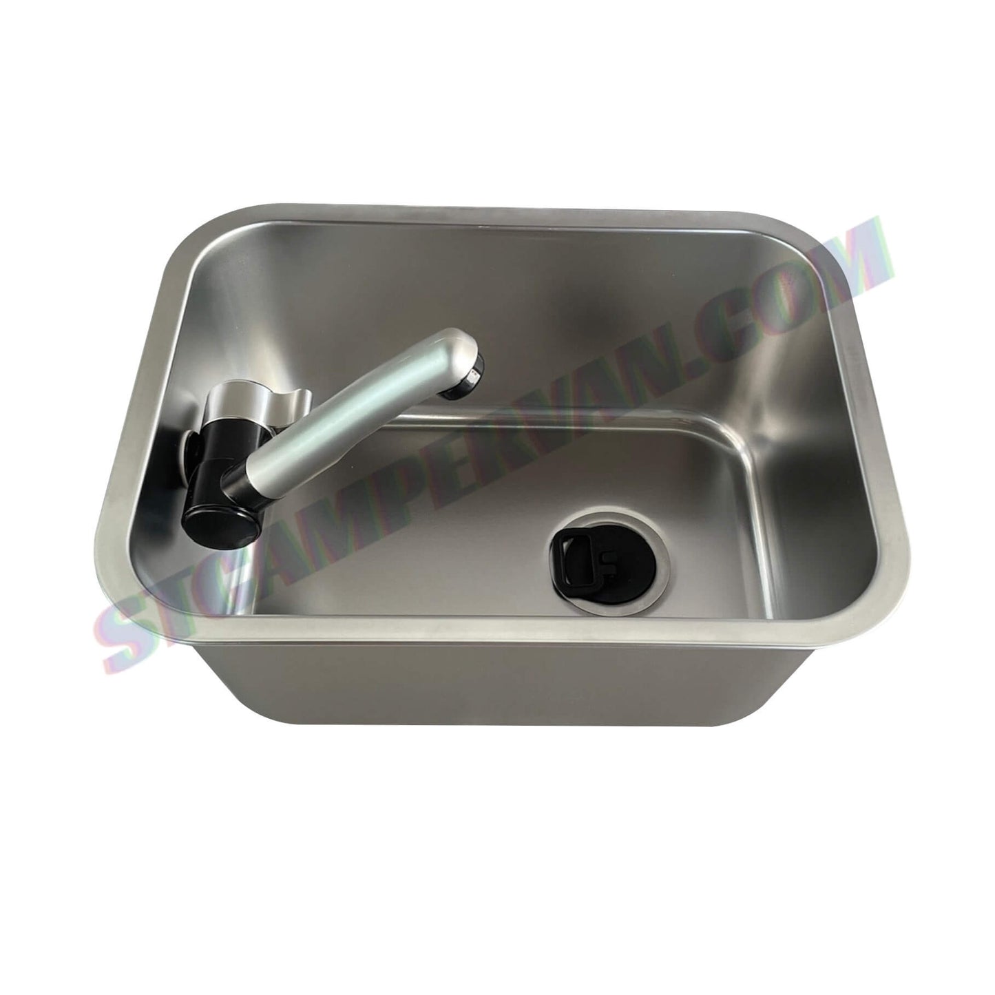 Vista superior del fregadero 27x36 con grifo abatible de 12 voltios para camper