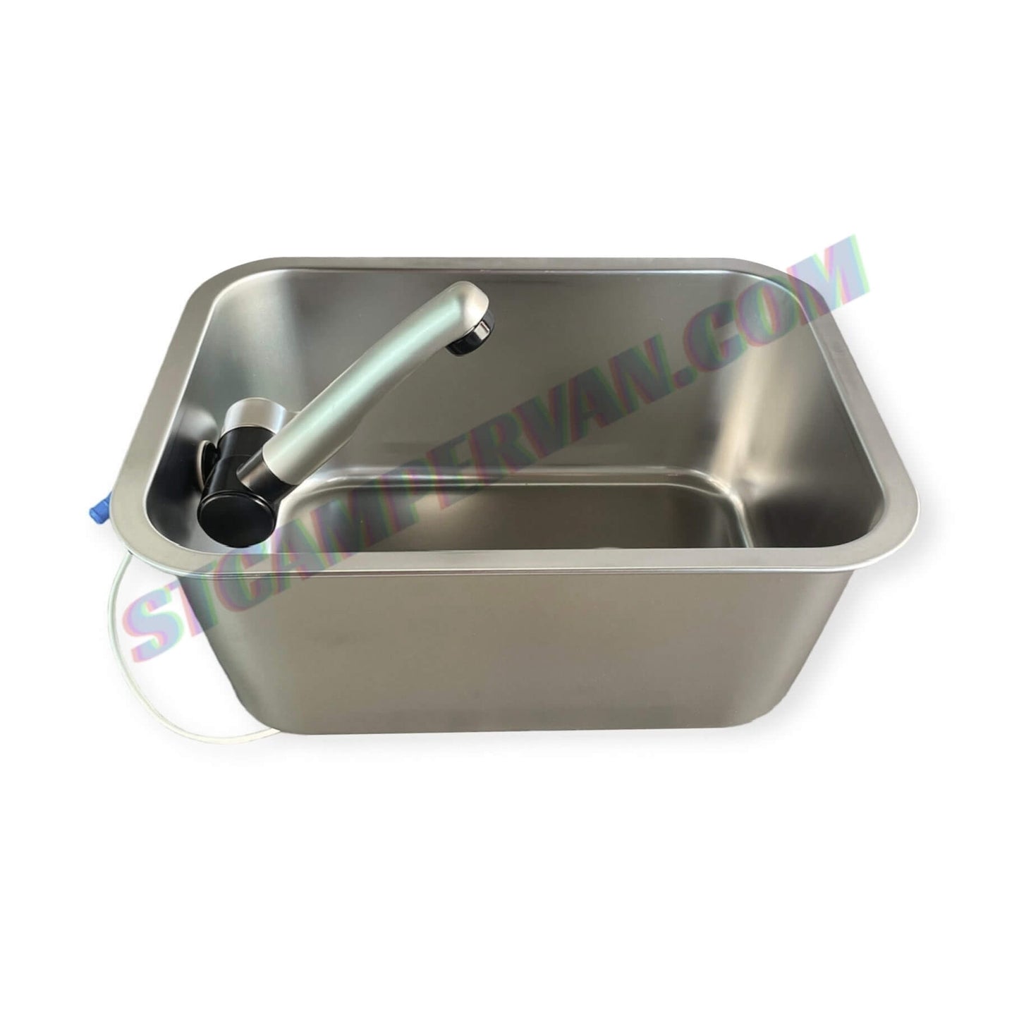 Fregadero camper 27x36 con grifo plegable 12V instalado sobre encimera