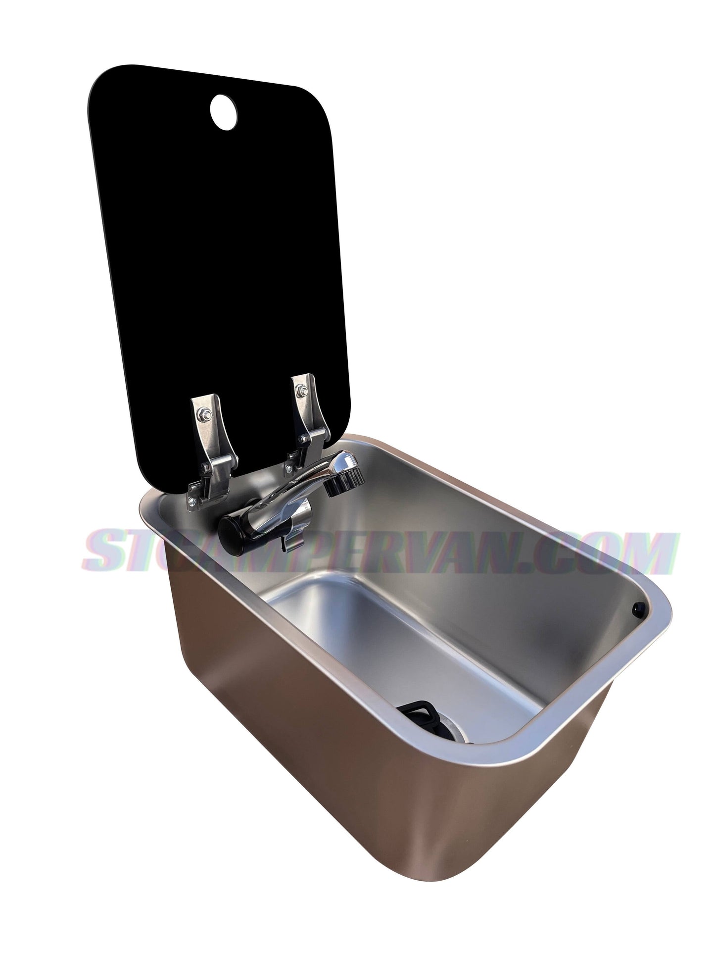 Fregadero camper 27×36 con tapa y sumidero acodado 90°.