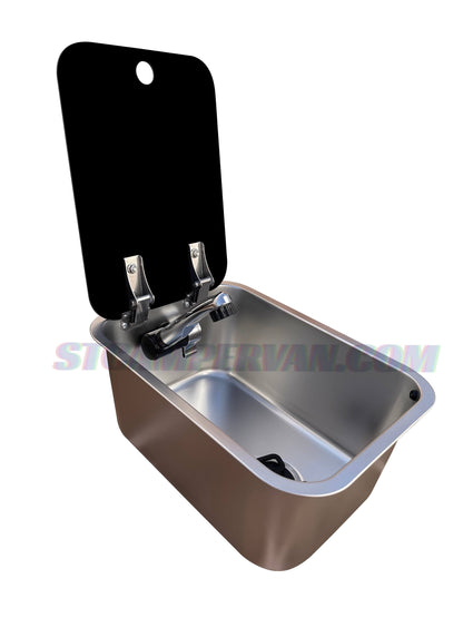 Fregadero camper 27×36 con tapa y sumidero acodado 90°.