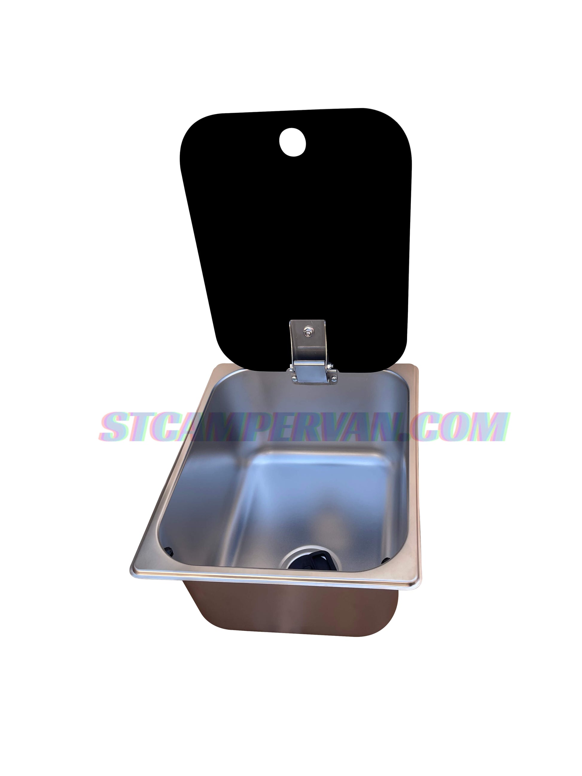 Fregadero camper 32x26 cm con tapa negra y grifo 12V, vista frontal