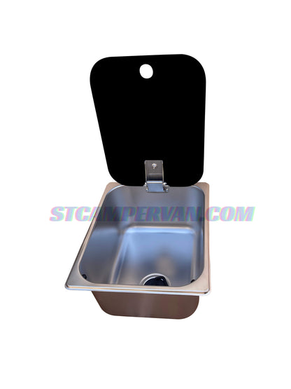 Fregadero camper 32x26 cm con tapa negra y grifo 12V, vista frontal
