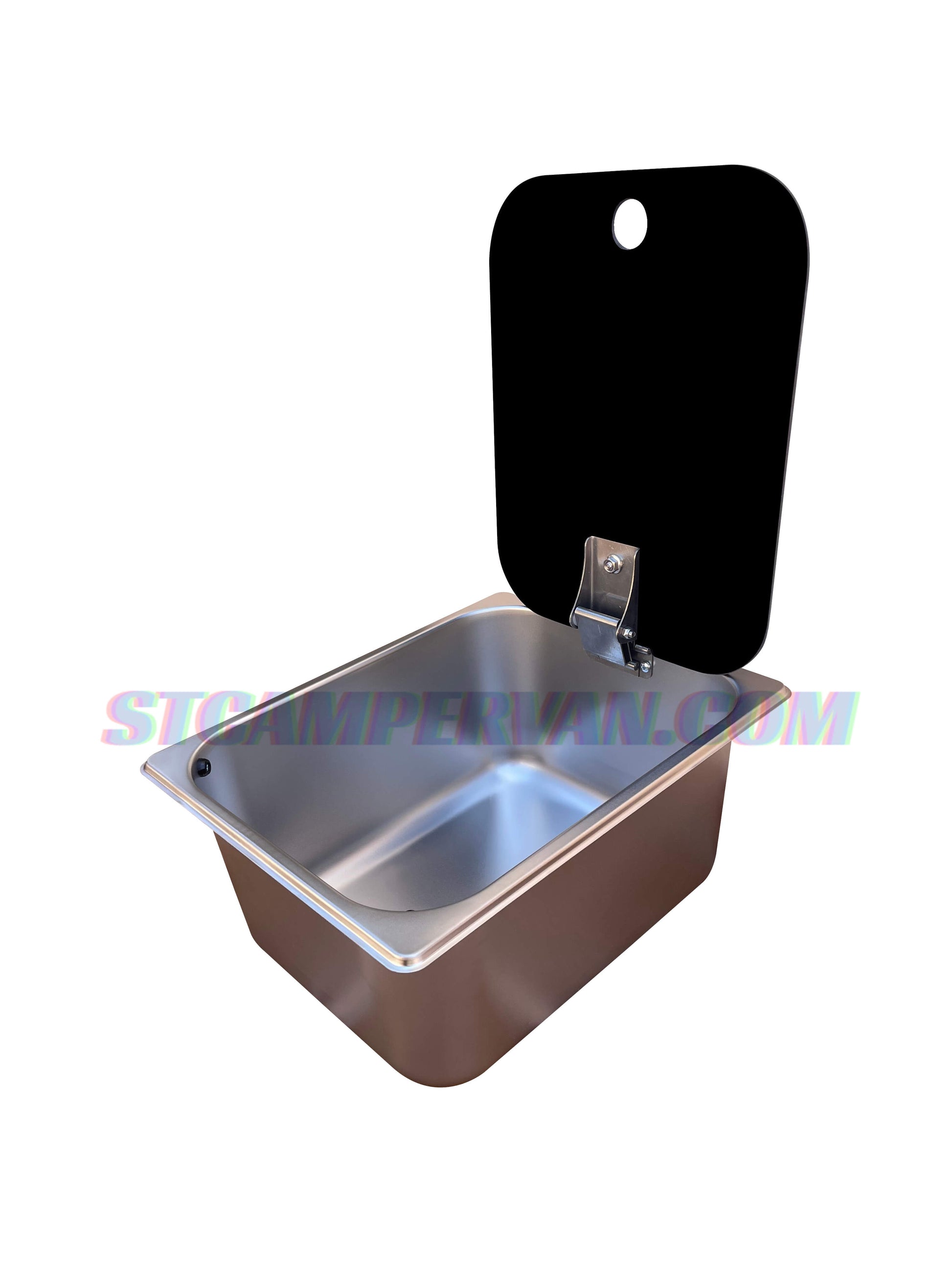 Fregadero camper 32x26 cm con tapa negra y grifo 12V, vista frontal