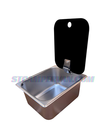 Fregadero camper 32x26 cm con tapa negra y grifo 12V, vista frontal