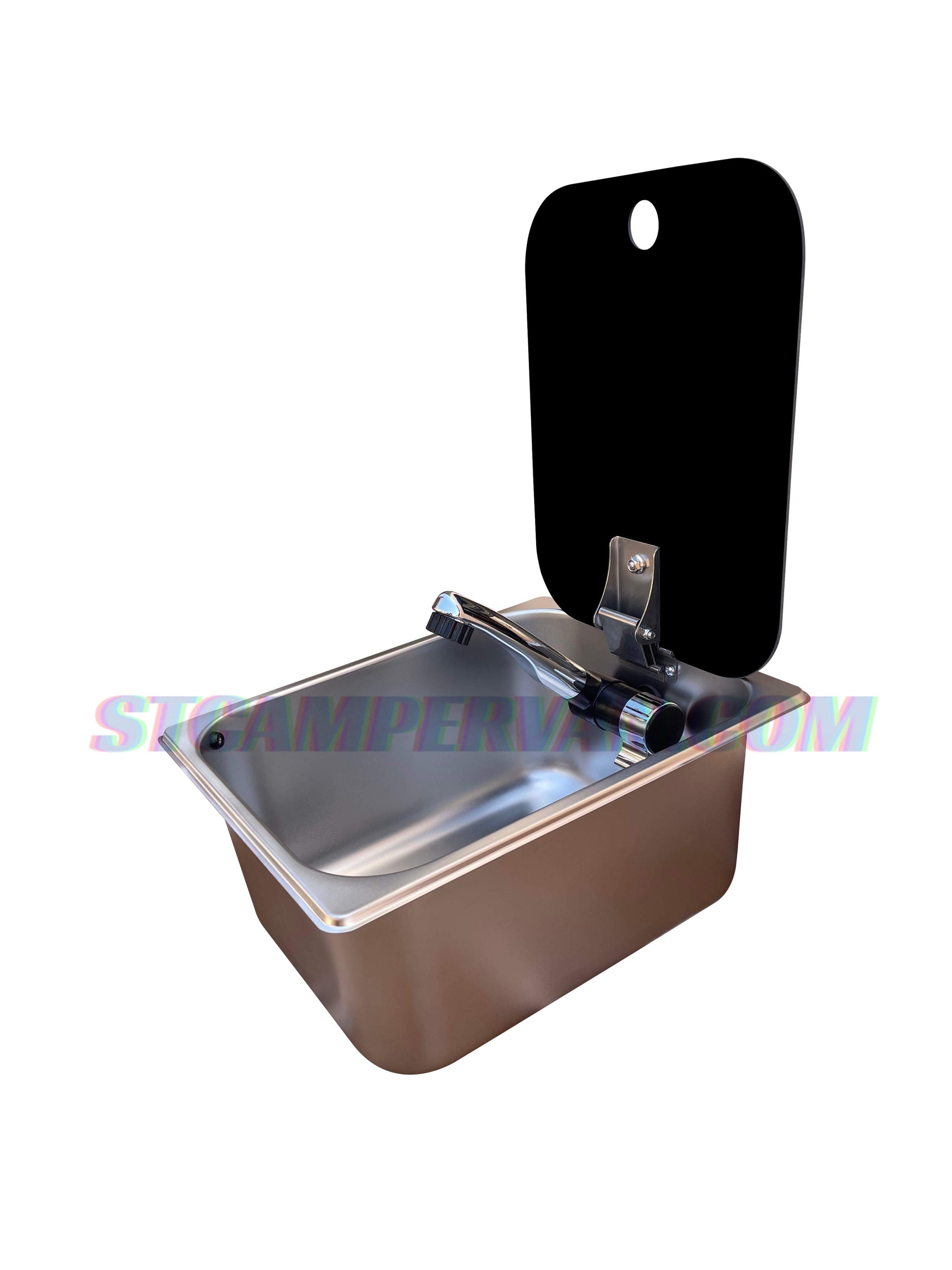 Fregadero camper 32x26 cm con tapa negra y grifo 12V, vista frontal
