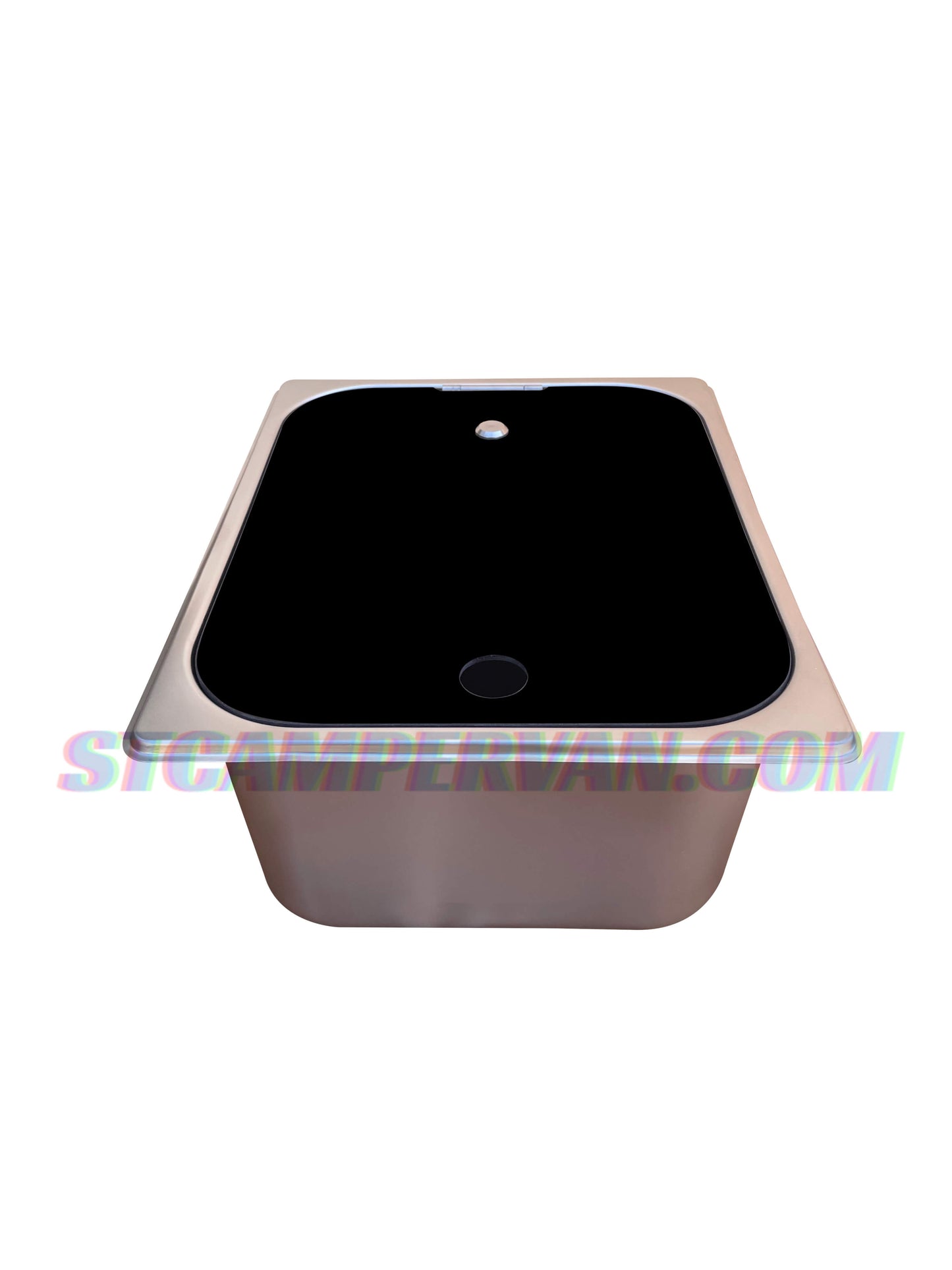 Fregadero camper 32x26 cm con tapa negra y grifo 12V, vista frontal