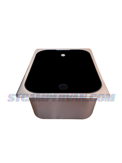 Fregadero camper 32x26 cm con tapa negra y grifo 12V, vista frontal