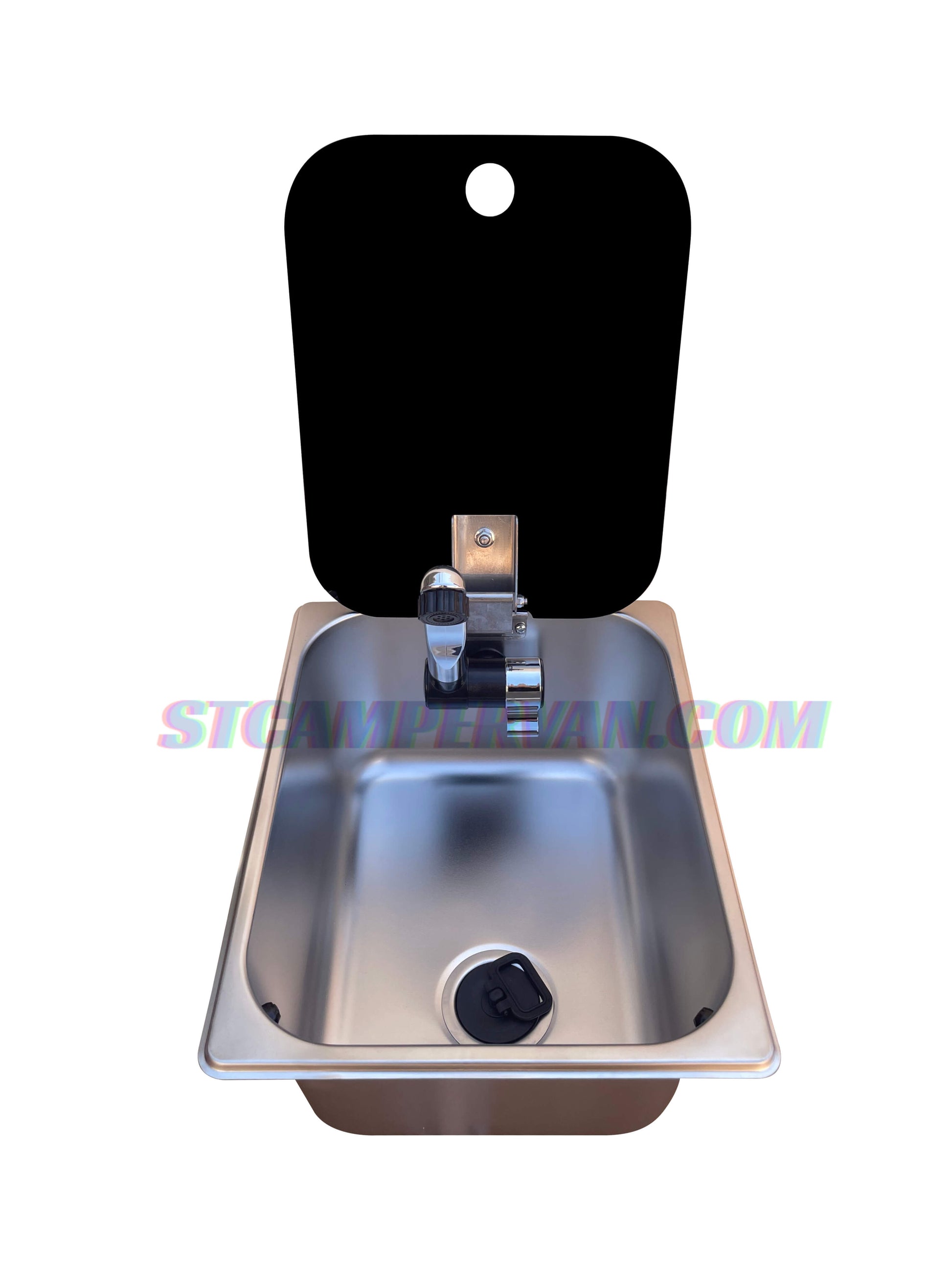 Fregadero camper 32x26 cm con tapa negra y grifo 12V, vista frontal