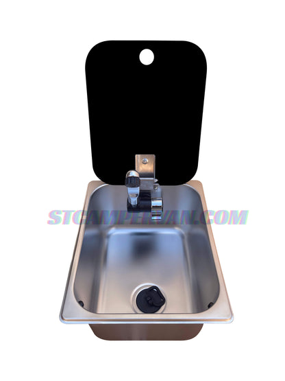 Fregadero camper 32x26 cm con tapa negra y grifo 12V, vista frontal