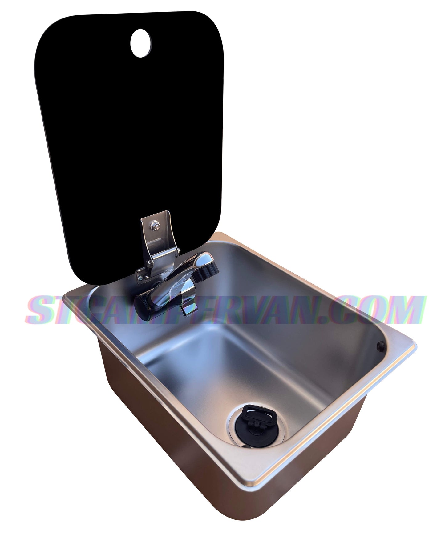Fregadero camper 32x26 cm con tapa negra y grifo 12V, vista frontal