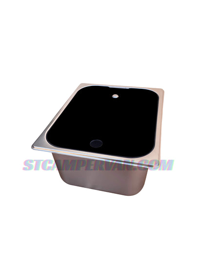 Fregadero camper 32x26 cm con tapa negra y grifo 12V, vista frontal