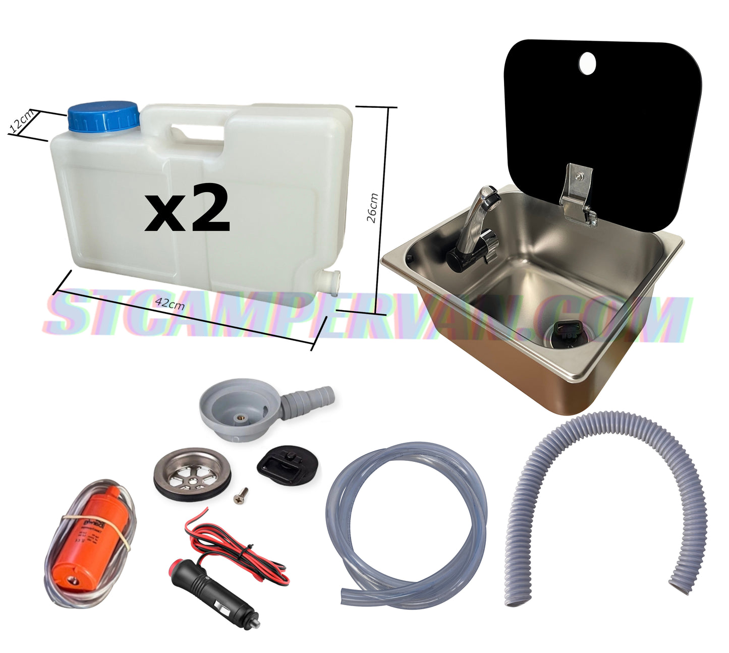Kit fregadero camper 26x32 con tapa, grifo 12V, bomba y garrafas