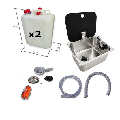 Kit fregadero camper 26x32 con tapa, grifo 12V, bomba y garrafas