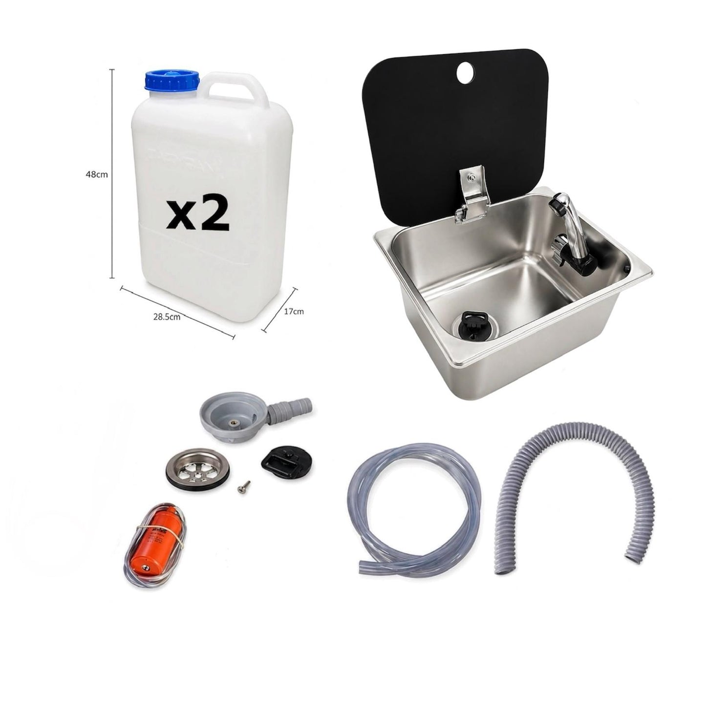 Kit fregadero camper 26x32 con tapa, grifo 12V, bomba y garrafas
