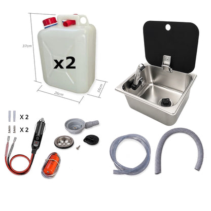 Kit fregadero camper 26x32 con tapa, grifo 12V, bomba y garrafas