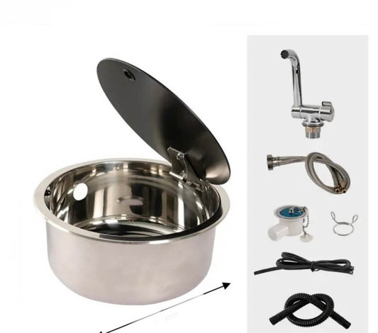Fregadero redondo 345 mm con tapa de cristal y grifo mezclador | STCampervan
